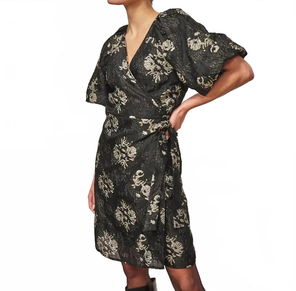 NEW ESQUALO petra puff sleeve jacquard mini dress in black and silver